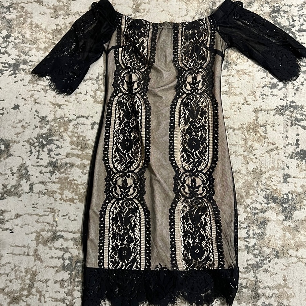 Lush Black-Nude Off the Shoulder Lace Dress